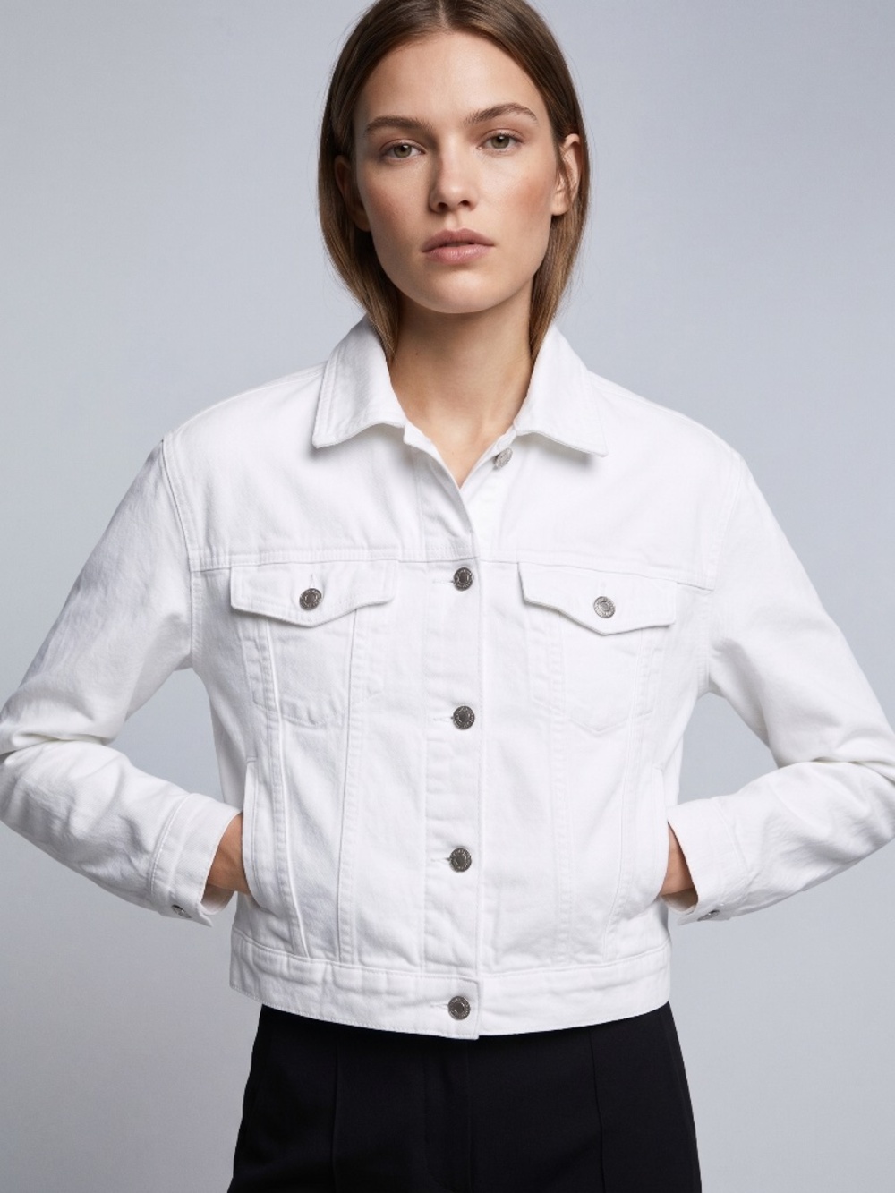 ZARA White Denim Jacket | Size L | Classic Cropped Trucker